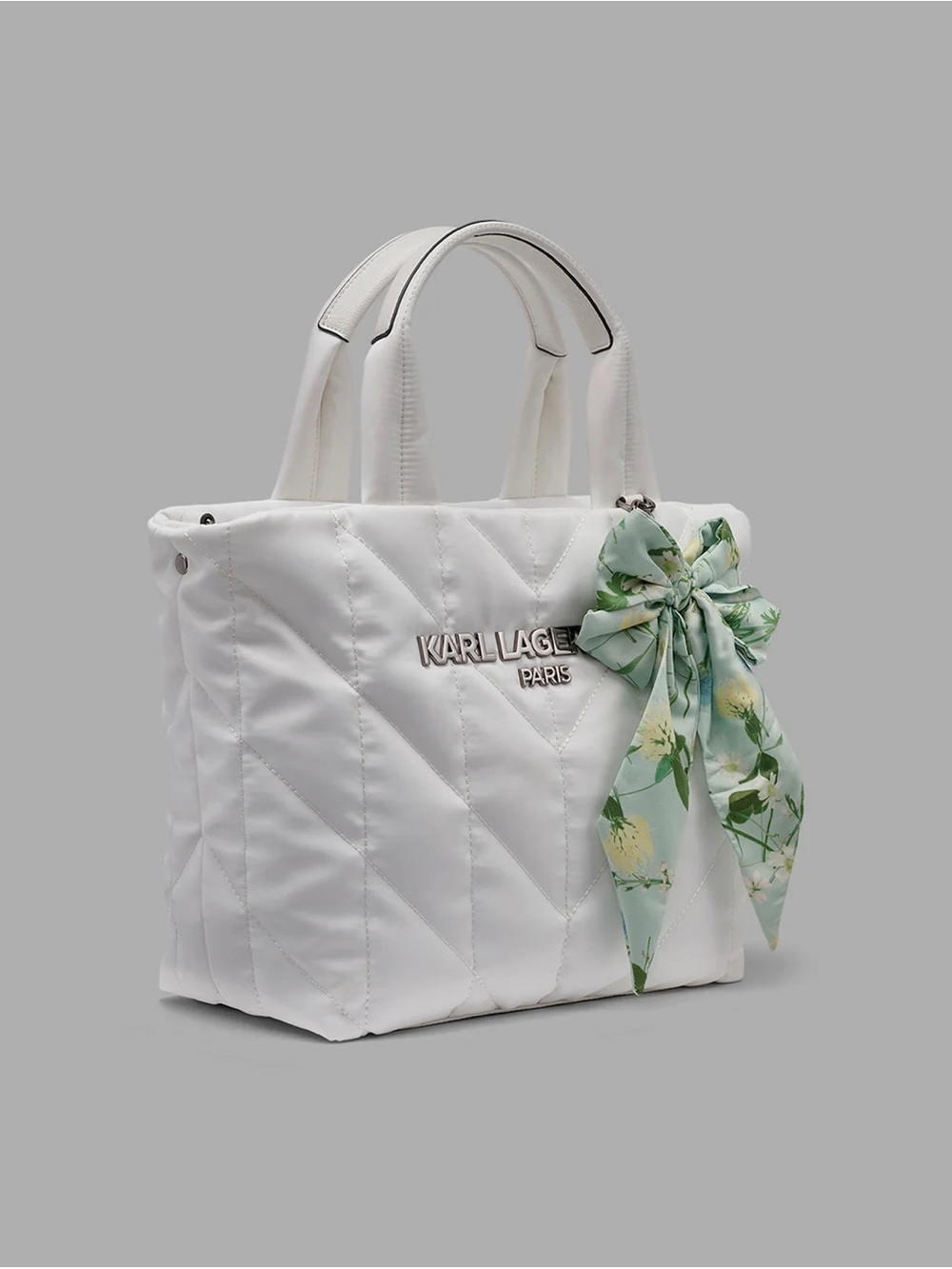 Karl Lagerfeld Winter White Quilted Tote with Floral Bow Charm - Picture 2 of 14